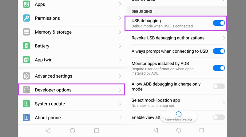 turn on usb debugging