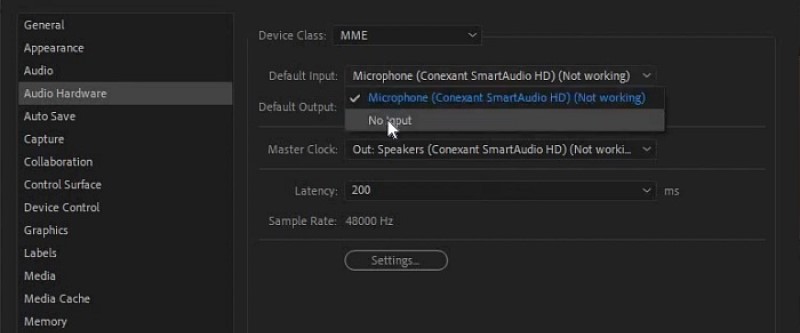 premiere pro no audio import audio hardware