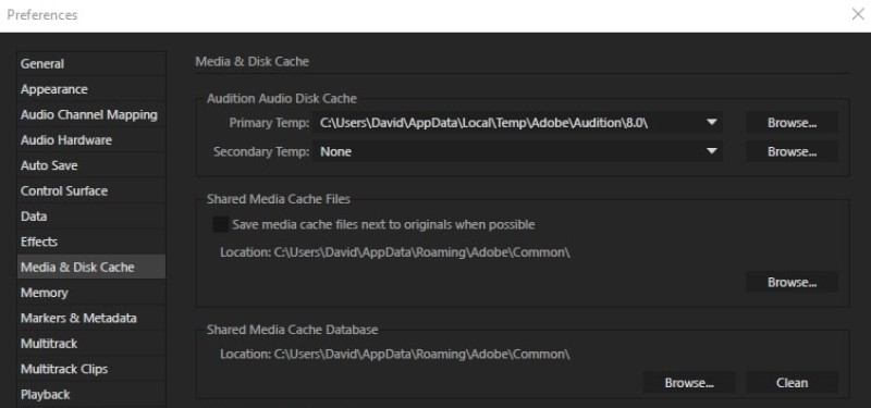 premiere pro no audio import clear cache