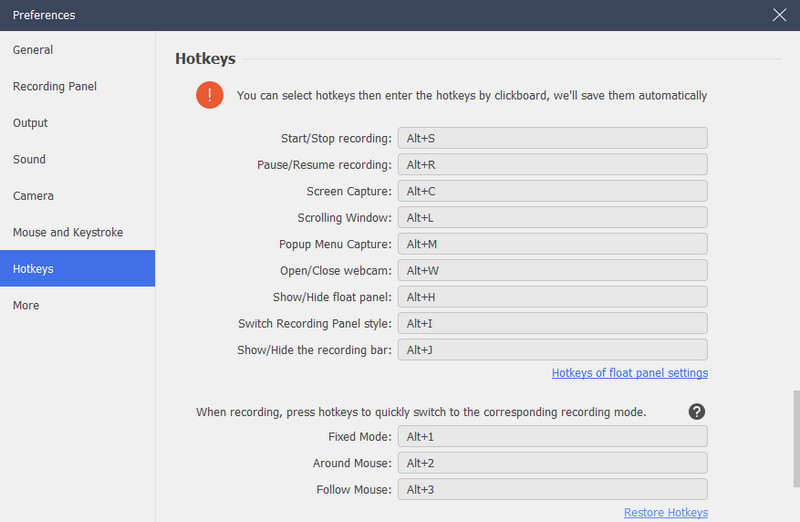hotkeys settings