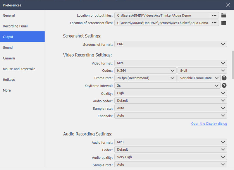 output settings