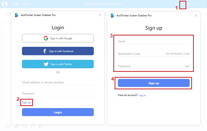 enter account information on AceThinker screen grabber pro