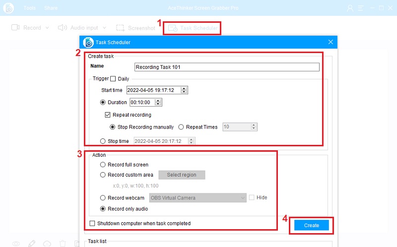 schedule recording task using AceThinker screen grabber pro