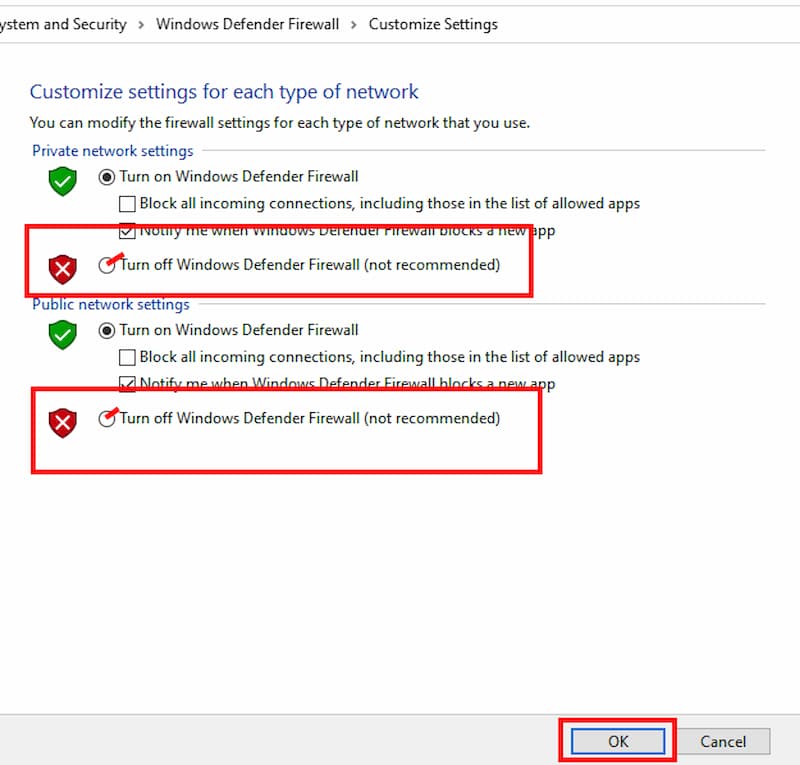 turn off Windows Defender Firewall