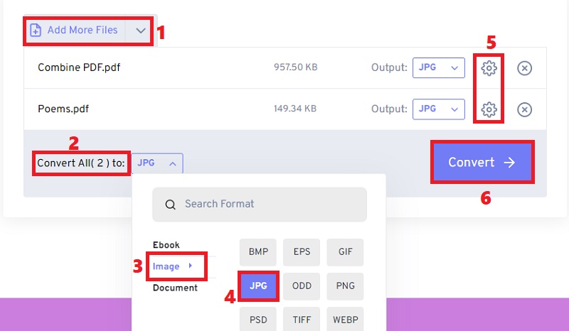 hit add more files, select jpg format, adjust settings and hit convert