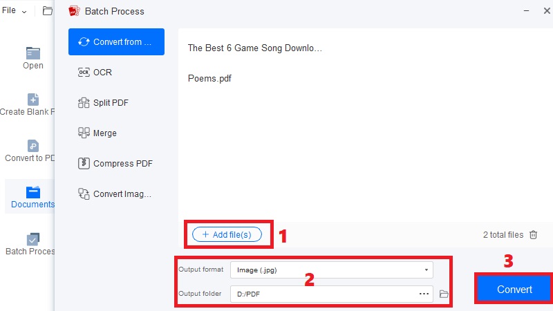 hit add files, select format and folder, click convert