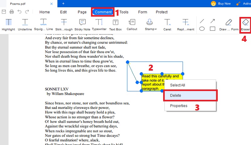 hit comment tab, right-click comment and select delete, hit eraser icon