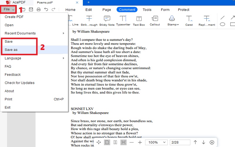 click file button, select save option to save file