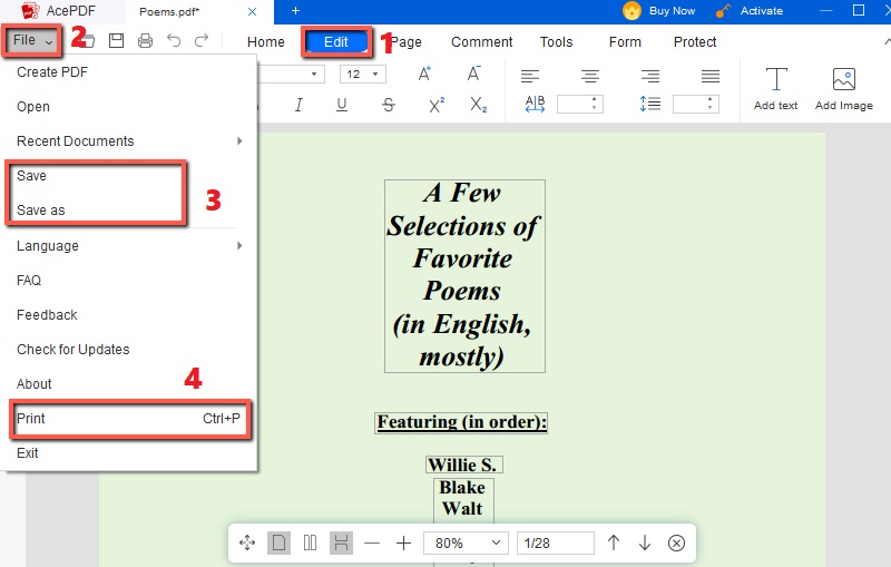 hit edit and file button, select save options, hit print