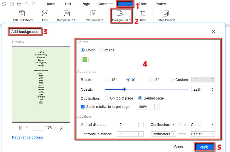 hit tools and background, click add background, modify settings, hit apply