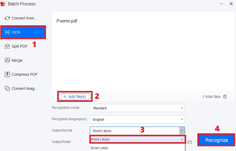 hit ocr, add files, select format and click recognize