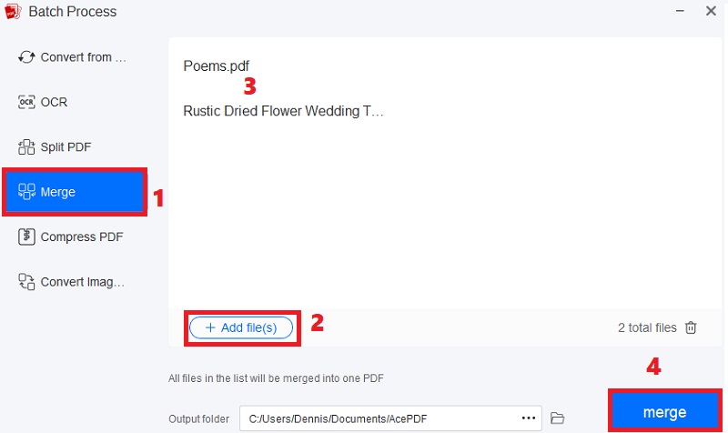 hit merge, add files and arrange, hit merge