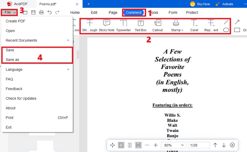 click comments, add annotations, hit file and select saving options