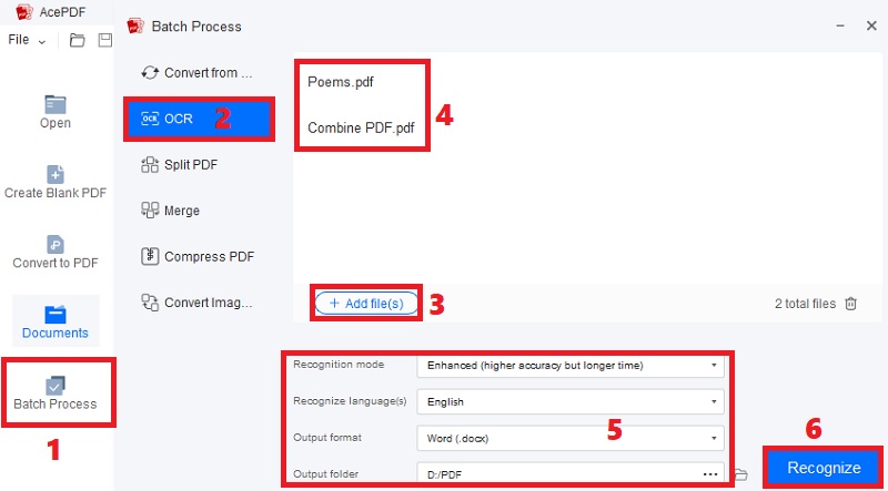 click batch process and ocr, click add file, modify settings and hit recognize