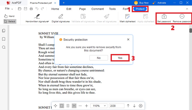 hit protect, select remove or set password, click yes