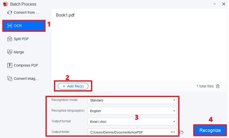 click ocr, add more files, determine settings and format, hit recognize