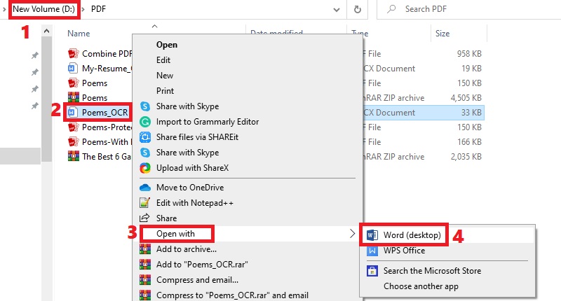 locate file from folder, right-click and select open with, pick word