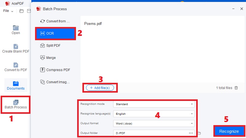 hit batch process and ocr, add files, select settings and hit recognize
