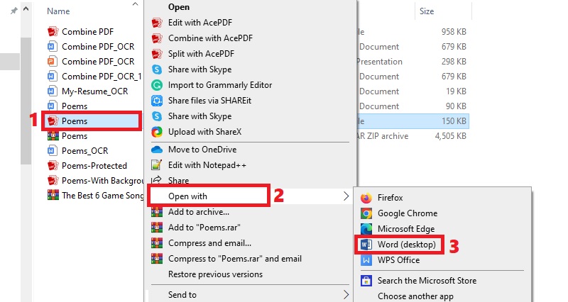 locate file, select open with and word