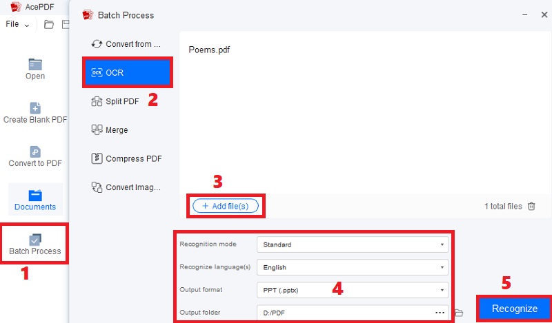 click batch process and ocr, add files, modify settings, click recognize