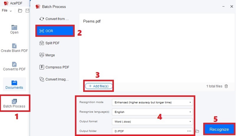 click batch process and ocr, import files, select settings, hit recognize