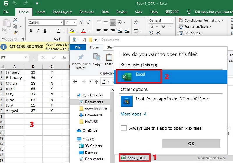 locate file, right-click on it, open it with excel app