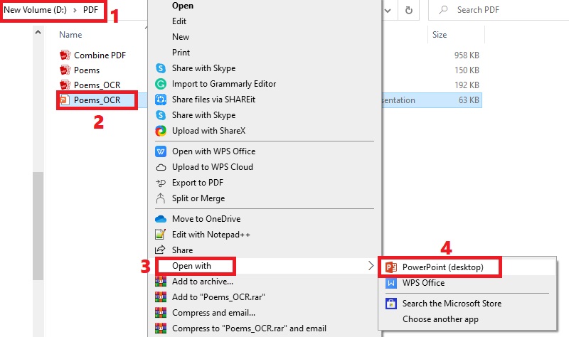 locate file, right-click and select open with, hit powerpoint app