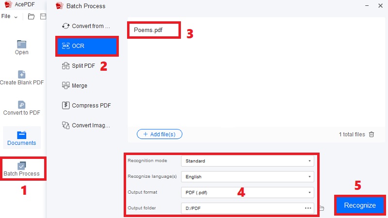 hit batch process and ocr, import files, modify settings, hit recognize