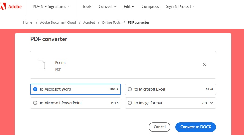 adobe online pdf converter interface