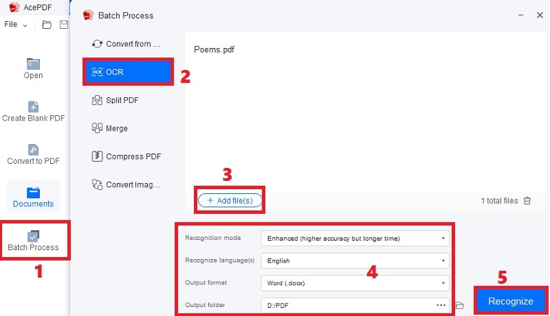hit batch process and ocr, add files and modify settings, hit recognize