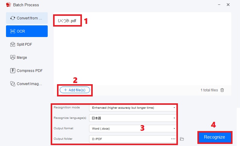 click add file, setup ocr settings, hit recognize