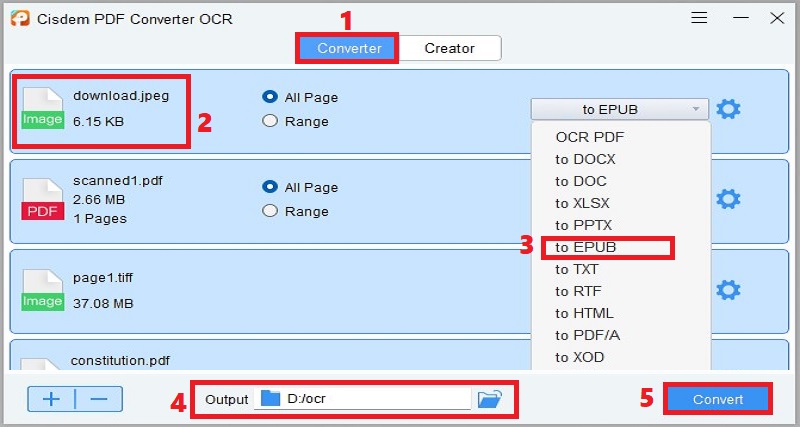 hit converter, import file, select epub and output folder, hit convert