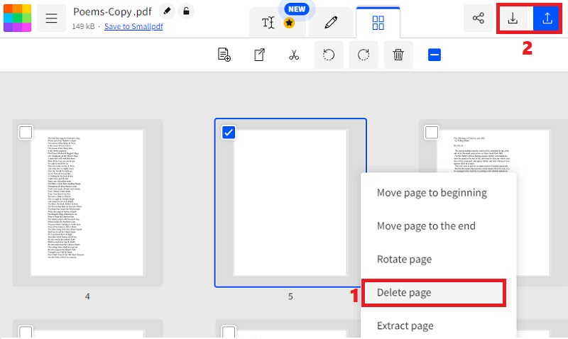 hit delete page and download icon