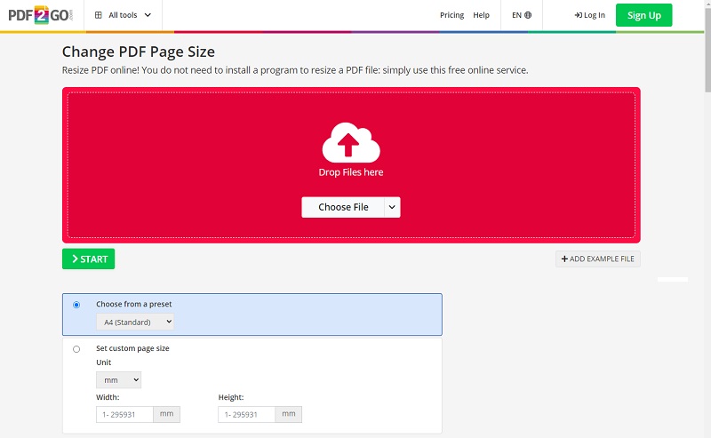 resizing pdfs using pdf2go