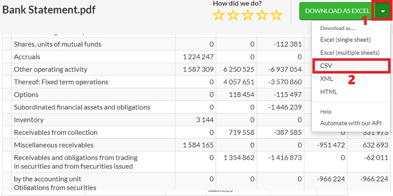 click arrow down icon and select csv