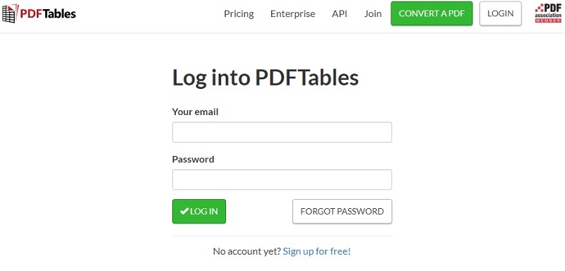pdftables log in window