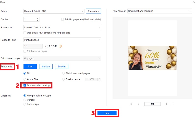 move to print mode, hit double-sided printing and select print