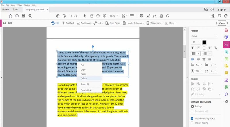 deleting the selected text