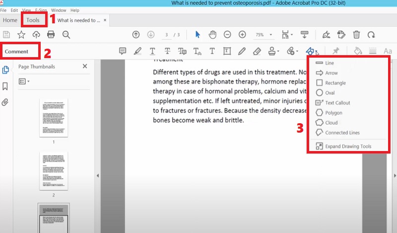 hit tools, select comment, locate shapes menu