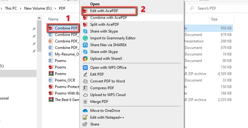 locate file and right-click it, hit edit with acepdf