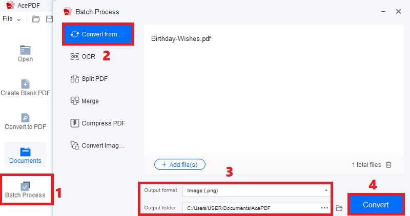 click batch process and convert from, select output and hit convert