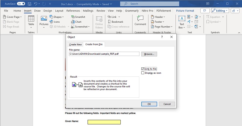 embed pdf file as attachment