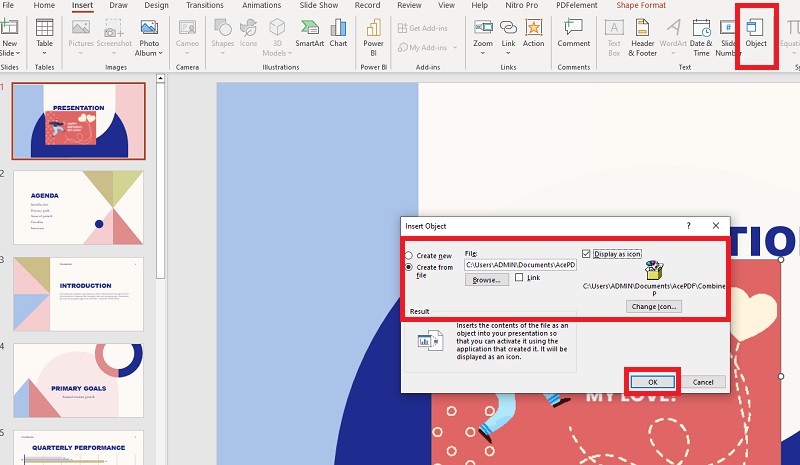 configure the insert object dialog box