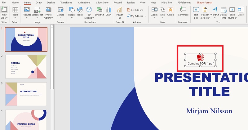 insert the pdf file into the powerpoint slide