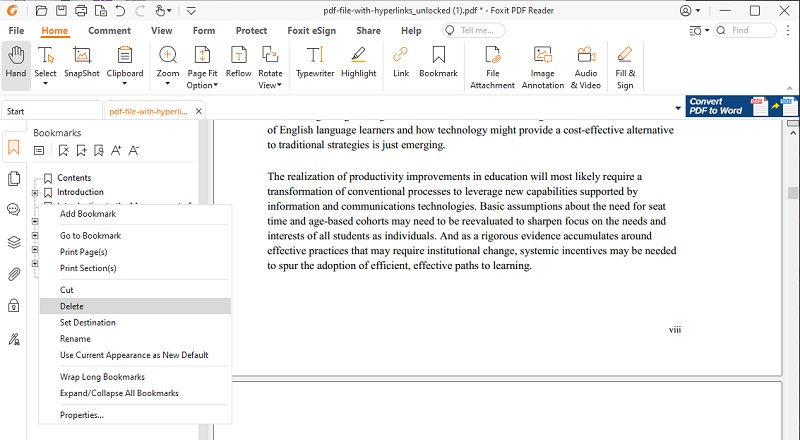 remove bookmark from pdf with foxit phantompdf