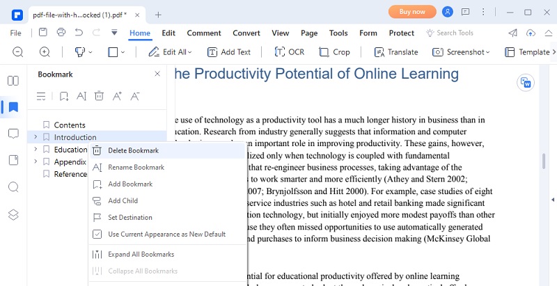 remove bookmark from pdf with pdfelement
