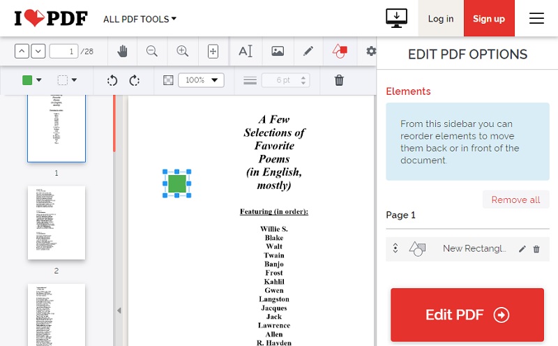 ilovepdf editing interface