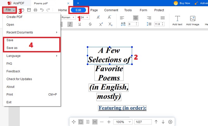 hit edit tab, modify pdf, click file and save or save as option