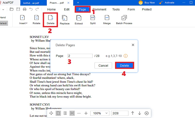 hit page, select delete and type page number, hit delete