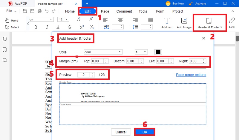 adjust margin settings on acepdf header & footer window